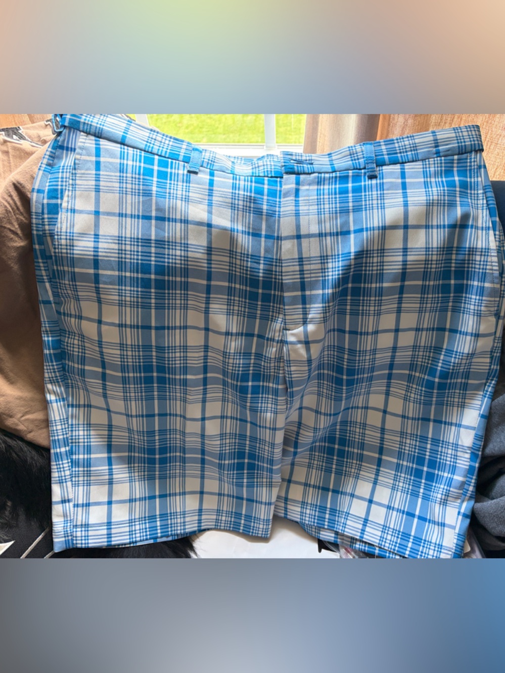 Vintage Blue and White Plaid Men’s Flat Front Shorts